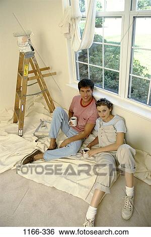 people, windows, home, painting, ladder, couple, resting View Large Photo Image Stock Photograph - people, windows, home, painting, ladder, couple, resting. Fotosearch