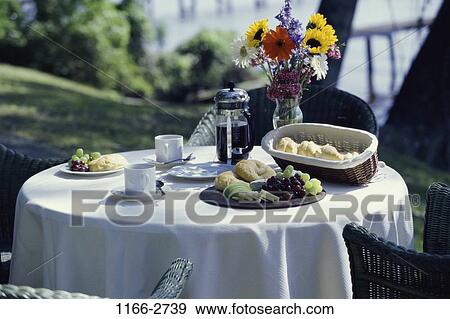 table, coffee, fruit, bread, flowers, outdoors View Large Photo Image Stock Photo - table, coffee, fruit, bread, flowers, outdoors. Fotosearch