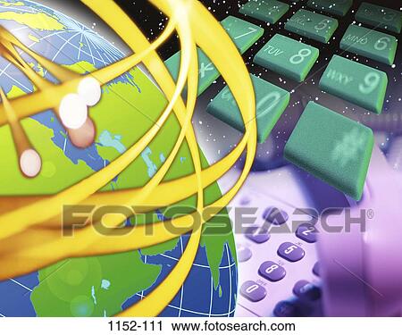 Stock Image - telephone, globe, stars, future, planet, Earth, outer space. Fotosearch