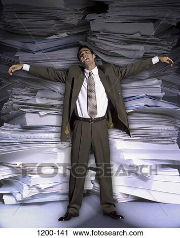 Stock Image - busy, papers, stress, business, Middle-aged, humor. Fotosearch