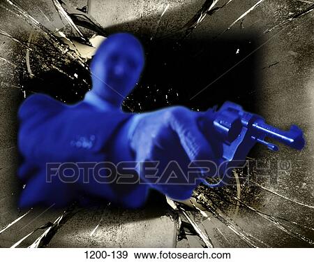 Stock Photo - danger, people, gun, blue, mask, violence. Fotosearch