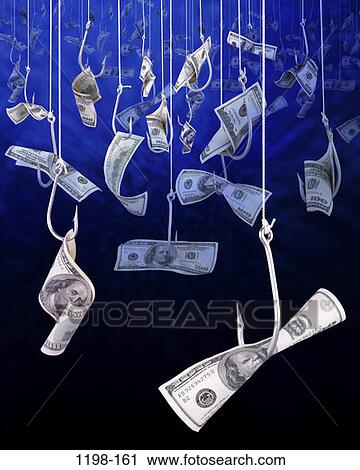 Stock Image - fish, money, catching, fishing, finance, bills, lines. Fotosearch