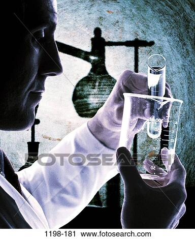 Stock Image - glass, pouring, scientist, research, medicine, Middle-aged. Fotosearch