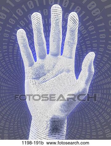 Stock Image - hand, technology, metaphor, fingerprint, computer graphic, binary code, Computers Various. Fotosearch
