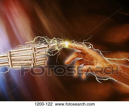 Stock Image - hands, technology, robot, business, lightning, body parts. Fotosearch