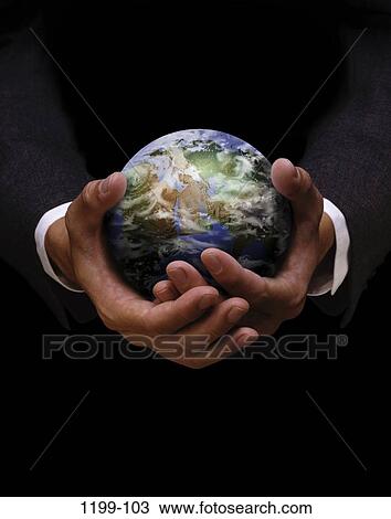 Stock Image - hands, world, palm, globe, business, global, Earth. Fotosearch