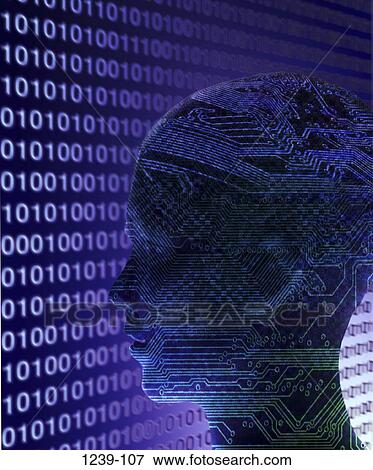 Stock Photo - head, computer, components, circuits, metaphor, binary code, Computers Various. Fotosearch
