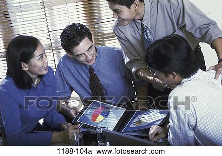 Stock Image - meeting, group, multiethnic, smiling, consultation, talking. Fotosearch