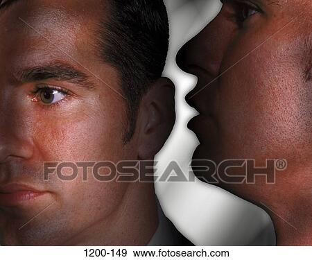 Stock Photo - men, people, listening, Middle-aged, serious, whispering, mischievous. Fotosearch