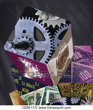 Stock Image - money, industry, gears, stock market, still life, fiber optics, handshake. Fotosearch
