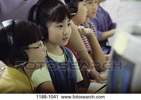 Stock Image - people, Asian, school, computer, computers, children. Fotosearch