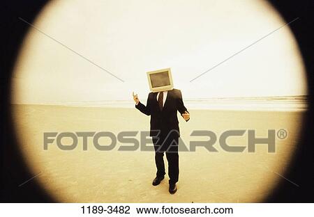 Stock Image - people, monitor, computer, beach, business, humor. Fotosearch