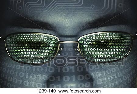Stock Image - people, reflection, binary, Asian, eyeglasses, face. Fotosearch