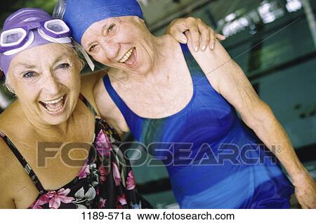 Stock Image - women, people, swim, pool, senior, laughing, health. Fotosearch