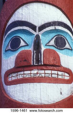 Stock Image - Close-up of a totem pole, Kalama Marina, Kalama, Washington State, USA. Fotosearch