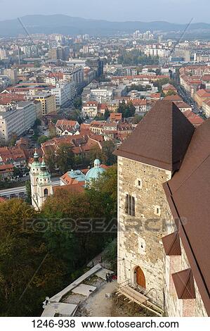 Stock Photo - High angle view of a city, Ljubljana, Slovenia. Fotosearch