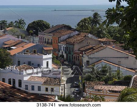 Stock Image - High angle view of buildings with the sea in the background, Olinda, Brazil. Fotosearch