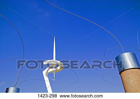Stock Photo - Low angle view of a communication tower, Montjuic Communications Tower, Montjuic, Barcelona, Catalonia, Spain. Fotosearch