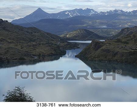 Stock Image - Mountains at the lakeside, Torres del Paine National Park, Patagonia, Chile. Fotosearch