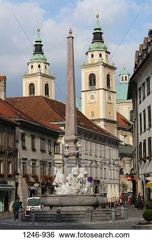 Stock Photograph - Obelisk at a town square, Robba Fountain, Ljubljana, Slovenia. Fotosearch