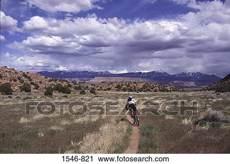 Rear view of a person mountain biking on a dusty trail, Utah, USA View Large Photo Image Stock Image - Rear view of a person mountain biking on a dusty trail, Utah, USA. Fotosearch