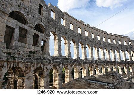 Stock Image - Ruins of an amphitheatre, Pula Amphitheatre, Pula, Istria, Croatia. Fotosearch