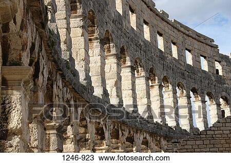 Stock Image - Ruins of an amphitheatre, Pula Amphitheatre, Pula, Istria, Croatia. Fotosearch