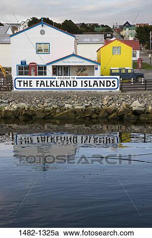Stock Image - Welcome sign at the waterfront, Stanley, Falkland Islands, England. Fotosearch