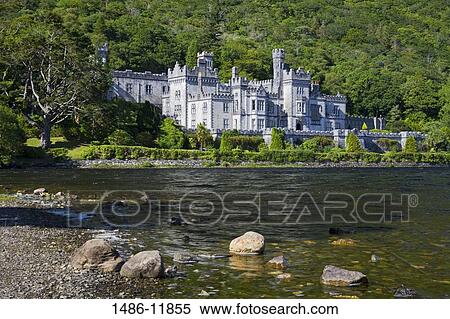 Stock Photography - Abbey at the lakeside, Kylemore Abbey, Lake Kylemore, Connemara, County Galway, Connacht Province, Republic of Ireland. Fotosearch