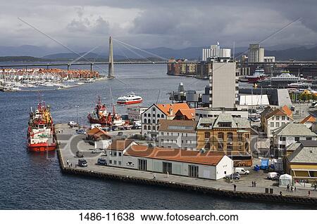 Stock Photo - Aerial view of oil rig supply ships at a dock, Stavanger, Rogaland County, Norway. Fotosearch