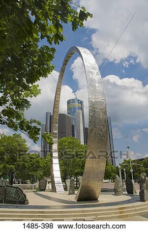 Stock Photo - Arch sculpture with buildings in the background, Renaissance Center, Hart Plaza, Detroit, Wayne County, Michigan, USA. Fotosearch