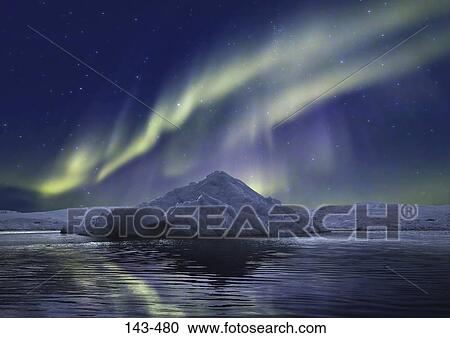Stock Image - Aurora borealis in the sky at night, Sermilik Fjord, Greenland. Fotosearch