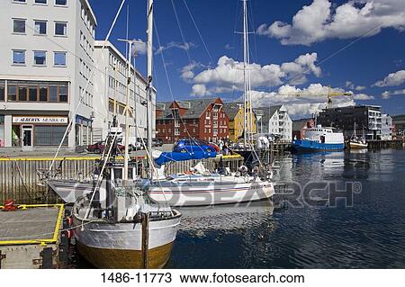 Stock Image - Boats at the dock, Skansen Docks, Tromso, Toms County, Nord-Norge, Norway. Fotosearch
