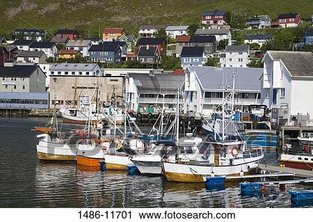 Stock Image - Boats moored at a port, Honningsvag Port, Honningsvag, Mageroya Island, Nordkapp, Finnmark County, Norway. Fotosearch