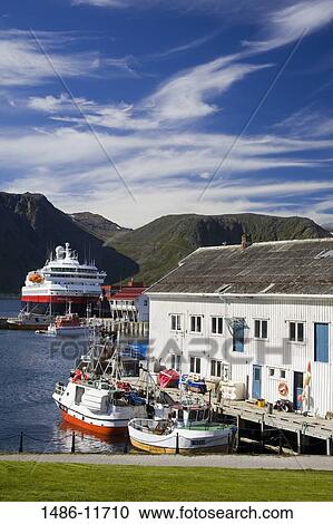Stock Image - Boats moored at a port, Honningsvag Port, Honningsvag, Mageroya Island, Nordkapp, Finnmark County, Norway. Fotosearch