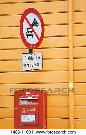 Stock Image - Close-up of a mailbox and No Vehicles Allowed sign, Stavanger, Rogaland County, Norway. Fotosearch