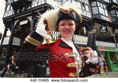 Female town crier ringing a bell, Chester, Cheshire, England View Large Photo Image Stock Photography - Female town crier ringing a bell, Chester, Cheshire, England. Fotosearch