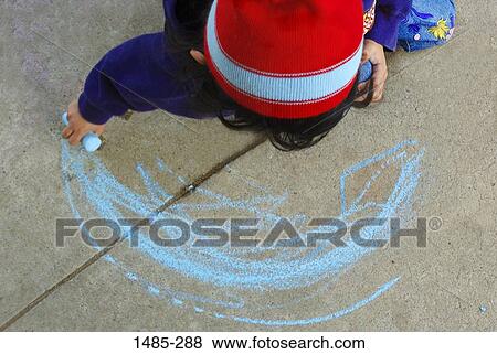 High angle view of a girl drawing with a chalk on the road View Large Photo Image Stock Photo - High angle view of a girl drawing with a chalk on the road. Fotosearch