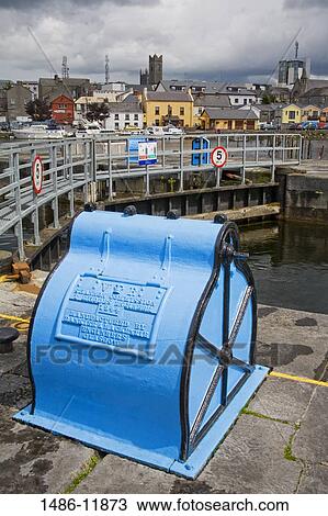 Stock Image - High angle view of a river lock, River Shannon, Athlone, County Westmeath, Leinster Province, Republic of Ireland. Fotosearch