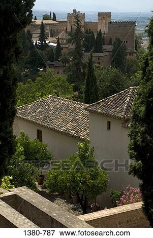 High angle view of buildings surrounded by trees, Alhambra, Granada, Andalusia, Spain View Large Photo Image Stock Photo - High angle view of buildings surrounded by trees, Alhambra, Granada, Andalusia, Spain. Fotosearch