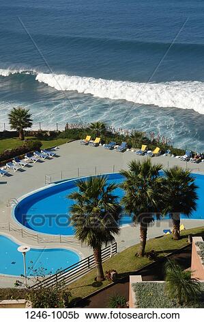 High angle view of swimming pool in a hotel, Monte Mar Palace Hotel, Ponta Delgada, Sao Vicente, Madeira, Portugal View Large Photo Image Stock Image - High angle view of swimming pool in a hotel, Monte Mar Palace Hotel, Ponta Delgada, Sao Vicente, Madeira, Portugal. Fotosearch