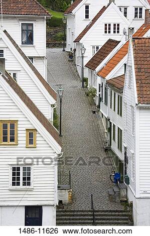 Stock Photograph - Houses along a street, Clausegaten Street, Gamble Stavanger, Stavanger, Rogaland County, Norway. Fotosearch