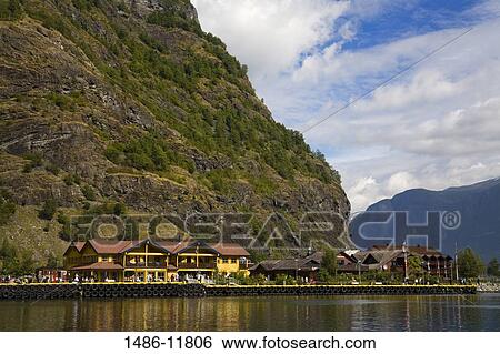 Stock Photograph - Houses at the waterfront, Flam, Aurlandsfjord, Sogn Og Fjordane, Norway. Fotosearch