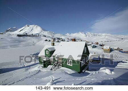 Houses on a snow covered landscape, Ammassalik, Greenland View Large Photo Image Stock Image - Houses on a snow covered landscape, Ammassalik, Greenland. Fotosearch