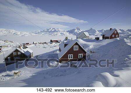 Houses on a snow covered landscape, Ammassalik, Greenland View Large Photo Image Stock Image - Houses on a snow covered landscape, Ammassalik, Greenland. Fotosearch