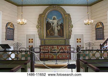 Stock Image - Interiors of a church, Geiranger Church, Geiranger, Geirangerfjord, More og Romsdal, Sunnmore, Norway. Fotosearch