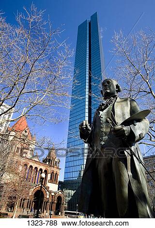 Low angle view of a statue of John Singleton Copley with a church and skyscraper in the background, Trinity Church, John Hancock Tower, Copley Square, Boston, Suffolk County, Massachusetts, USA View Large Photo Image Stock Photo - Low angle view of a statue of John Singleton Copley with a church and skyscraper in the background, Trinity Church, John Hancock Tower, Copley Square, Boston, Suffolk County, Massachusetts, USA. Fotosearch