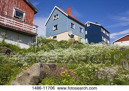 Stock Photograph - Low angle view of houses, Honningsvag Port, Honningsvag, Mageroya Island, Nordkapp, Finnmark County, Norway. Fotosearch