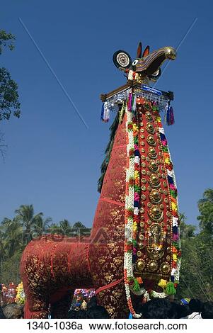 Stock Image - Low angle view of poykuthiras in Machattu vela festival, Machattu Thiruvanikavu Temple, Wadakanchery, Thrissur District, Kerala, India. Fotosearch