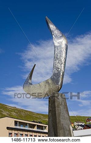 Stock Image - Low angle view of the Boreas Sculpture by Erling Saatvedt, Honningsvag Port, Honningsvag, Mageroya Island, Nordkapp, Finnmark County, Norway. Fotosearch